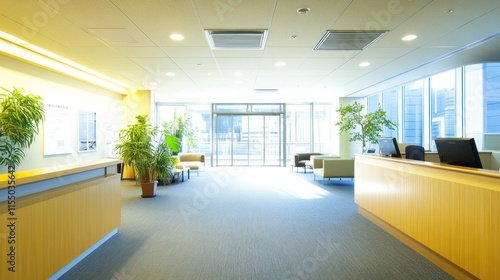 Modern office lobby with reception desk, seating area, and large windows.