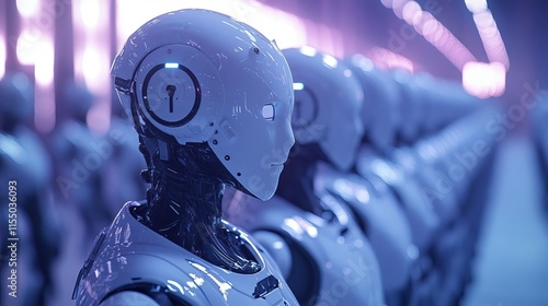 Rows of Uniform Humanoid Robots in a Futuristic Setting