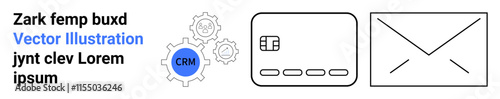 CRM gear icon beside cloud server and email icons. Ideal for business, technology, CRM systems, cloud computing, email marketing, automation, data management. Landing page