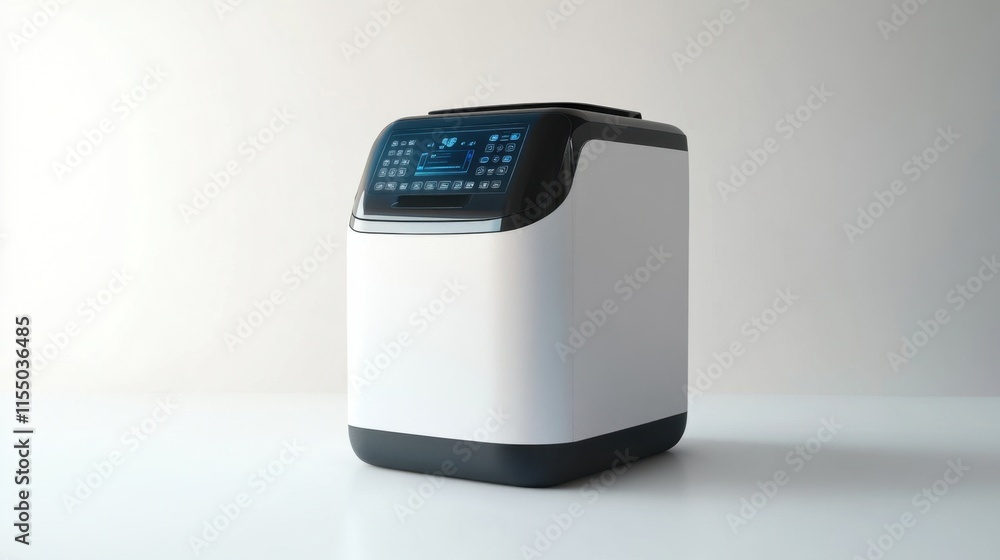 A bread maker with a sleek design and a digital interface, placed on a clean white background, perfect for home baking product ads. A bread maker with a sleek design and a digital interface, placed on a clean white background, perfect for home baking product ads.