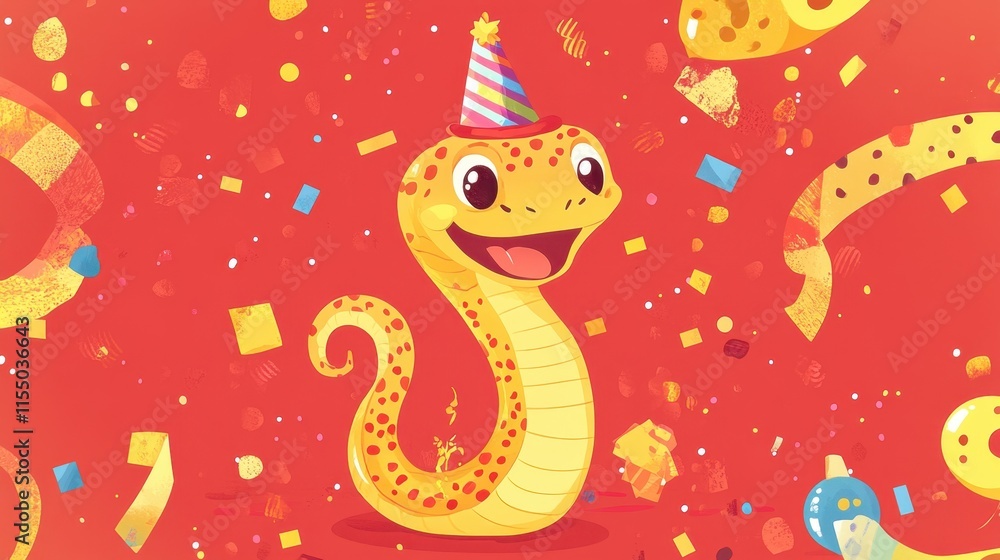 A cheerful cartoon snake wearing a party hat, surrounded by confetti and symbols of Chinese New Year, celebrating the Year of the Snake. A cheerful cartoon snake wearing a party hat, surrounded by confetti and symbols of Chinese New Year, celebrating the Year of the Snake.