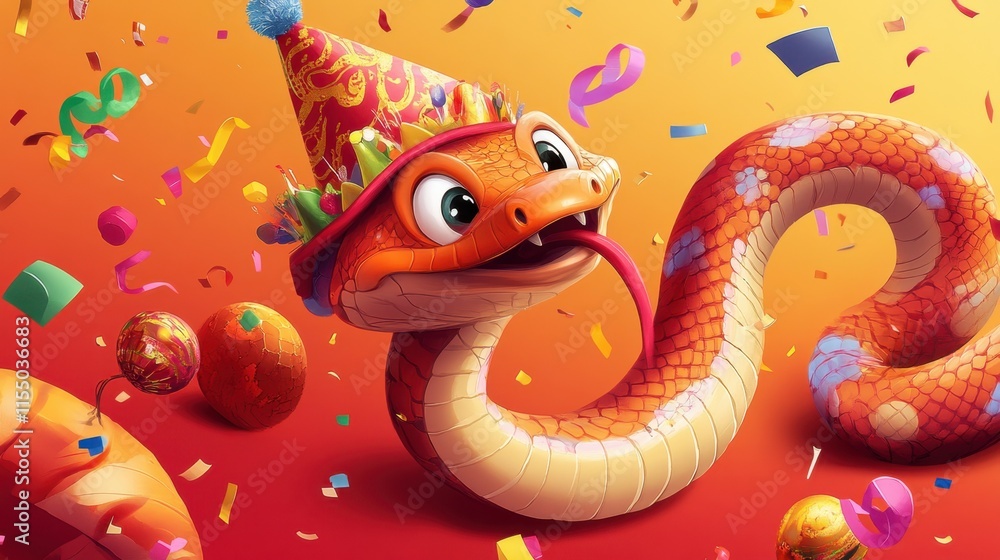 A cheerful cartoon snake wearing a party hat, surrounded by confetti and symbols of Chinese New Year, celebrating the Year of the Snake. A cheerful cartoon snake wearing a party hat, surrounded by confetti and symbols of Chinese New Year, celebrating the Year of the Snake.
