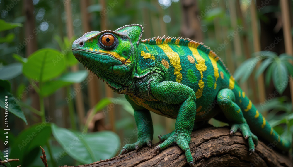 Fototapeta premium Chameleon adapting to its surroundings, symbolizing change and flexibility, against a natural backdrop with copy space