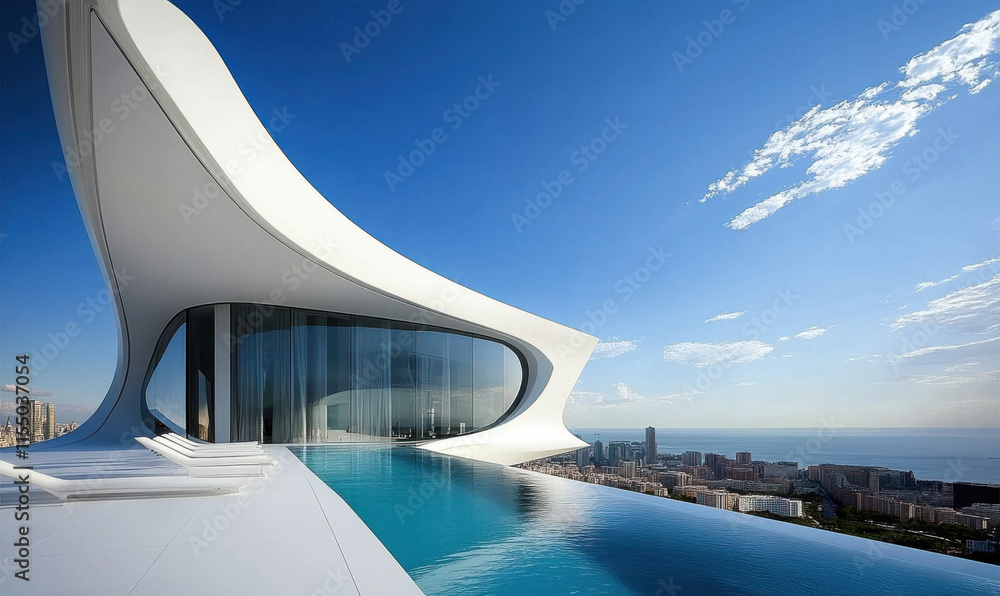 Fototapeta premium White modern building facade, swimming pool outside the building