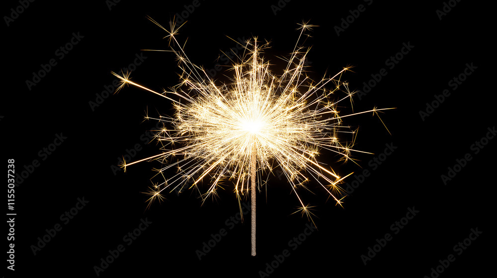 Single golden sparkler captured on a dark background. Sparks radiate outward creating a festive and celebratory atmosphere, perfect for holiday themes. Single golden sparkler captured on a dark background. Sparks radiate outward creating a festive and celebratory atmosphere, perfect for holiday themes.