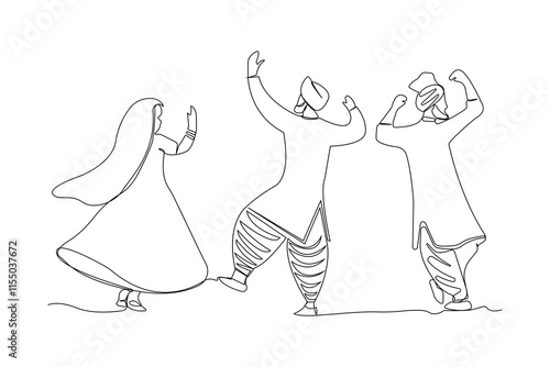 People celebrating Lohri festival line drawing. Baisakhi festival concept continuous line art.