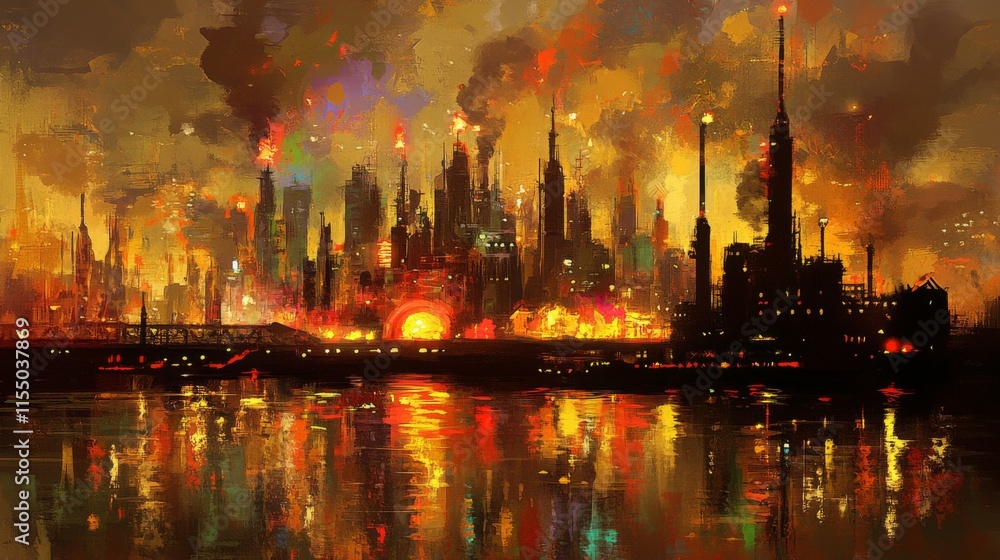 Obraz premium Vivid Industrial Cityscape at Twilight