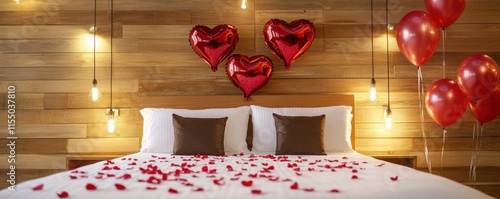 Romantic celebration with heart balloons cozy bedroom photo intimate setting close-up love vibes