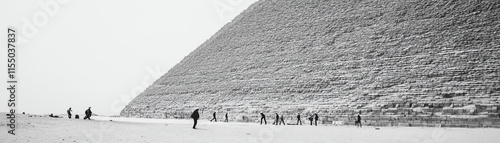 Wallpaper Mural Monochrome landscape of a pyramid covered in snow, with tiny figures of people walking in the foreground.  A serene, winter scene. Torontodigital.ca