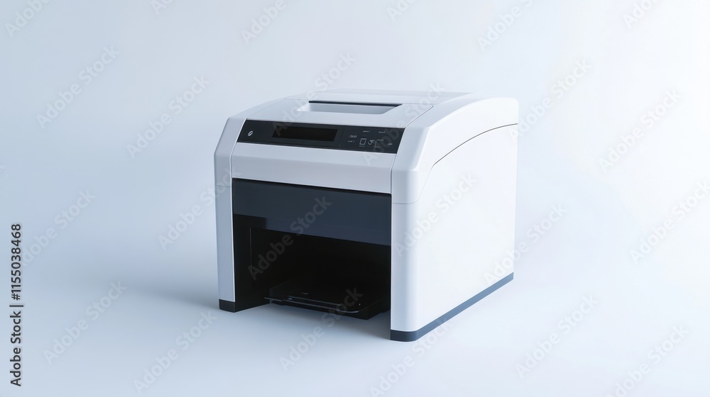 A contemporary electric paper shredder, isolated on a clean white background, emphasizing security and efficiency. A contemporary electric paper shredder, isolated on a clean white background, emphasizing security and efficiency.