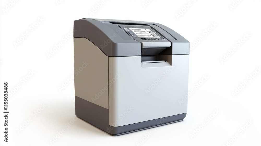 A contemporary electric paper shredder, isolated on a clean white background, emphasizing security and efficiency. A contemporary electric paper shredder, isolated on a clean white background, emphasizing security and efficiency.