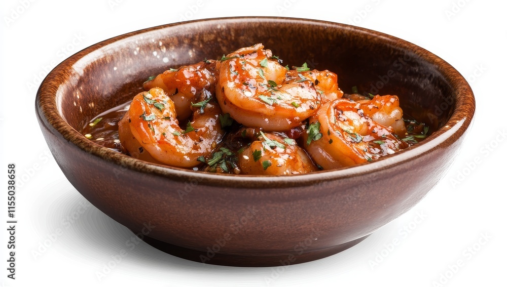 Sauteed shrimp in a brown bowl. Sauteed shrimp in a brown bowl.