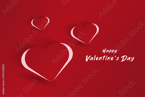 Set of three simple and artistic hearts design with a white and red heart outline casting a shadow, set on a red background with holiday-themed text in pink.