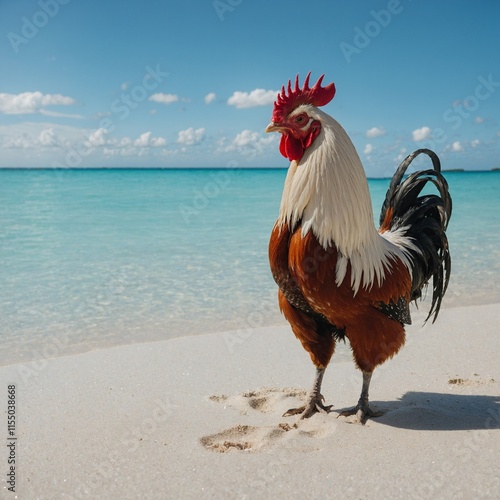 A rooster on a white sand beach with turquoise water and a blue sky.