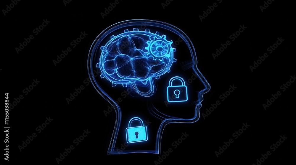Human Brain with Gears and Locks Representing Cognitive Security Human Brain with Gears and Locks Representing Cognitive Security