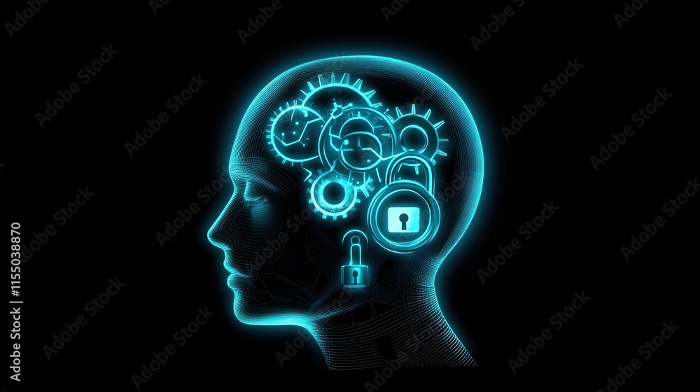 Illustration of Human Head with Gears and Locks in Neon Colors Illustration of Human Head with Gears and Locks in Neon Colors