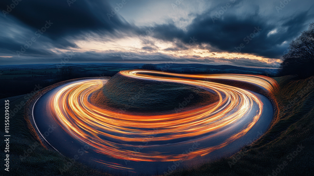 Light trails of cars on the winding road, landscape photography, hillside Light trails of cars on the winding road, landscape photography, hillside
