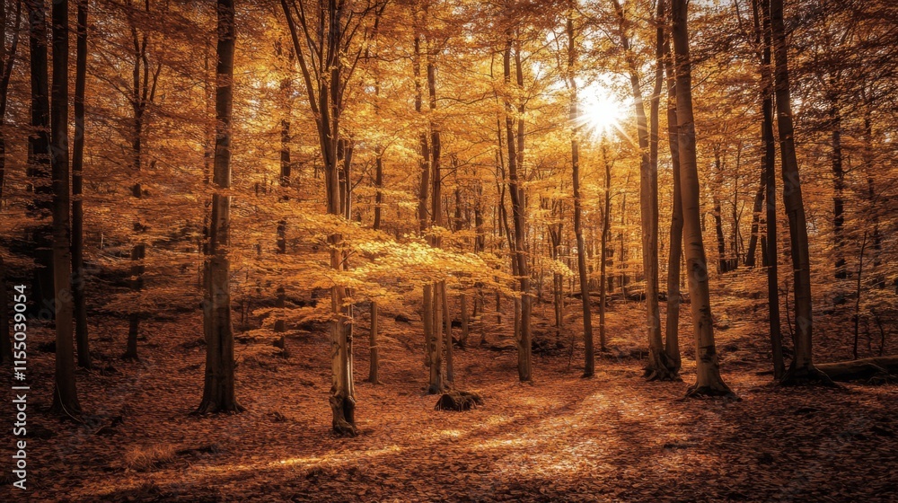 Warm Light Through Forest Trees in Autumn Warm Light Through Forest Trees in Autumn