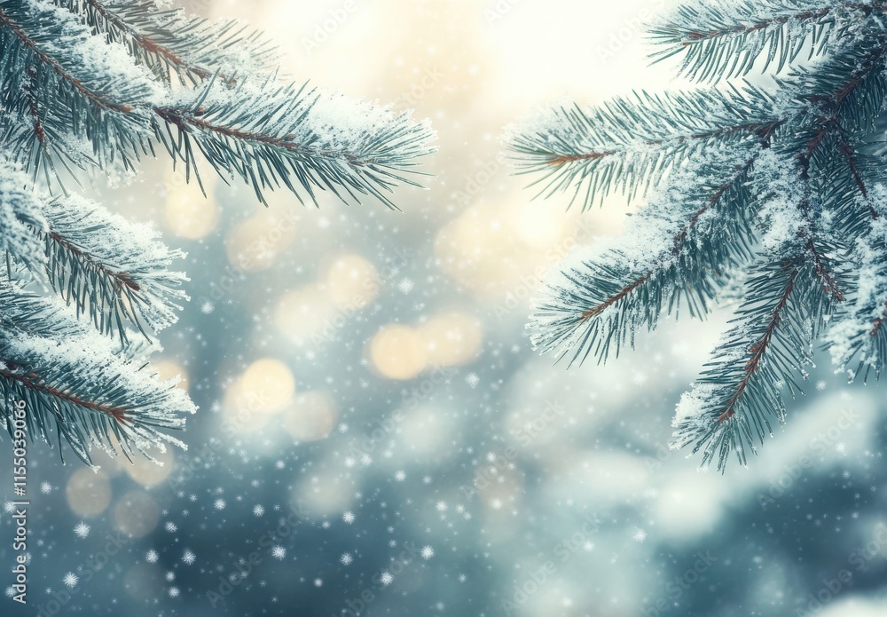Snowy Pine Branches Framed by Soft Winter Light, Creating a Serene Winter Wonderland Atmosphere with Gentle Snowflakes Falling in the Background Snowy Pine Branches Framed by Soft Winter Light, Creating a Serene Winter Wonderland Atmosphere with Gentle Snowflakes Falling in the Background