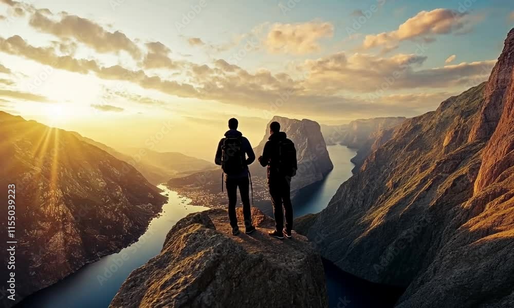 Two hikers stand on a cliff overlooking a river and mountains at sunset. Two hikers stand on a cliff overlooking a river and mountains at sunset.