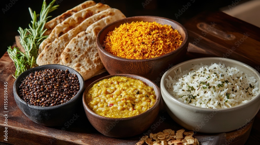 A diverse array of Indian cuisine, showcasing spiced lentils, fragrant rice, and freshly baked bread in an inviting presentation. A diverse array of Indian cuisine, showcasing spiced lentils, fragrant rice, and freshly baked bread in an inviting presentation.