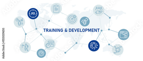Training and Development employee education improvement career corporate learning to gain competency in jobs experience design header background with icon
