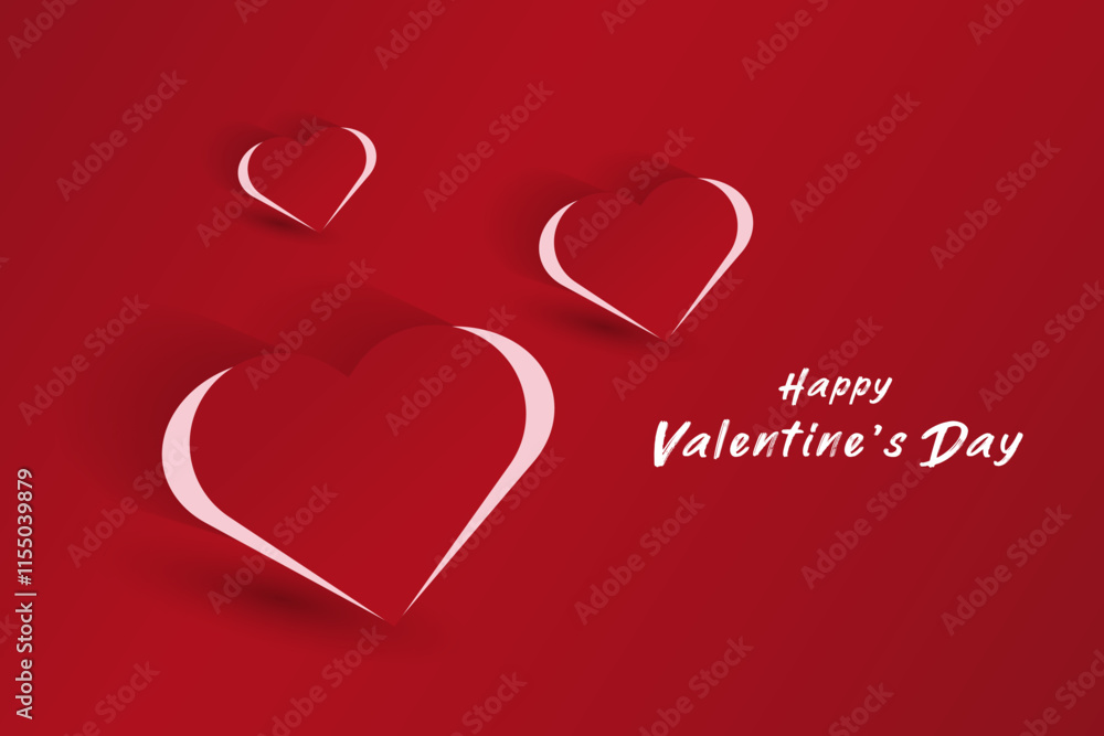 Set of three simple and artistic hearts design with a white and red heart outline casting a shadow, set on a red background with holiday-themed text in pink.