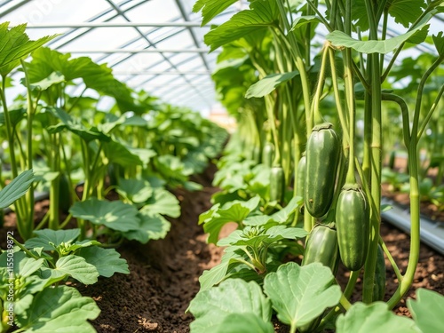 Organic cucumbers flourishing in a greenhouse with available copy space, showcasing sustainable agriculture, cucumbers, organic photo