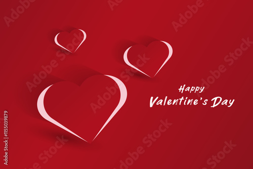 Set of three simple and artistic hearts design with a white and red heart outline casting a shadow, set on a red background with holiday-themed text in pink.