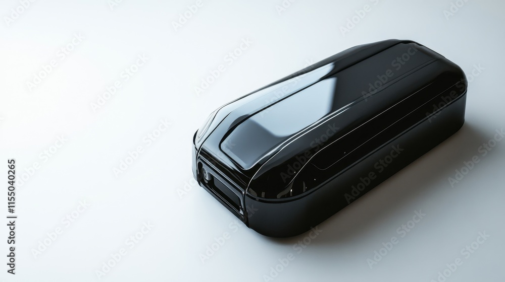 A futuristic electric bike battery pack with a sleek design, placed against a white backdrop for eco-friendly transportation ads. A futuristic electric bike battery pack with a sleek design, placed against a white backdrop for eco-friendly transportation ads.