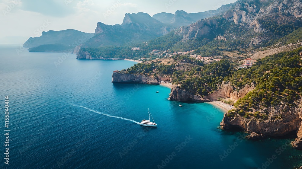 Fototapeta premium Luxury Yacht Sailing in a Secluded Cove