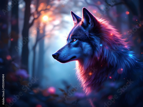 Majestic Wolf Portrait with Glowing Fur in a Mystical Forest, wolf in the night