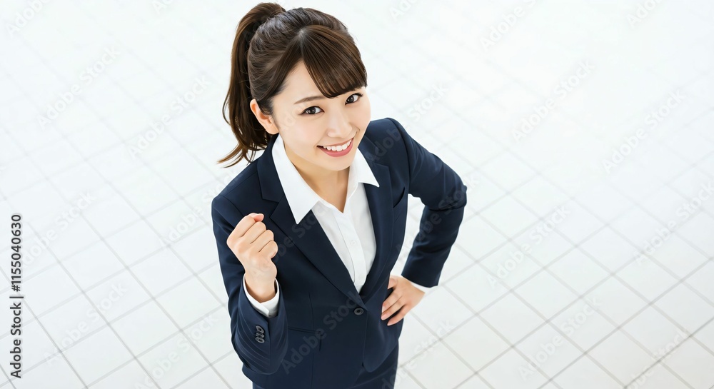 Confident Japanese Career Woman in Her 20s with a High Ponytail Celebrating Success with a Fist Pump Gesture Confident Japanese Career Woman in Her 20s with a High Ponytail Celebrating Success with a Fist Pump Gesture