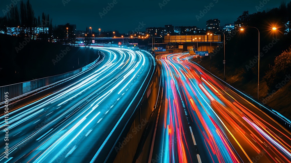 Obraz premium Night Highway Traffic Trails. Concept of speed, urban life, and transportation.