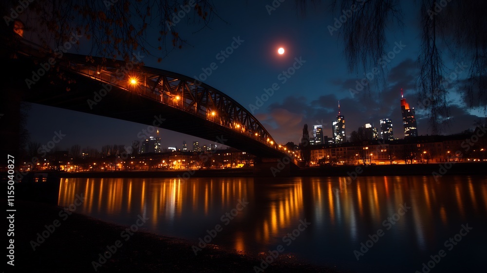 Night View of Frankfurt Skyline with Bridge and Moon Night View of Frankfurt Skyline with Bridge and Moon