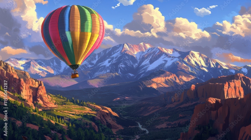 Obraz premium Colorful Hot Air Balloon Flying Over Majestic Mountain Landscape