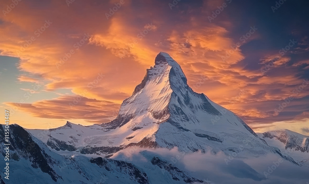 Naklejka premium At sunrise, the majestic Mount Everest is surrounded by clouds and mist