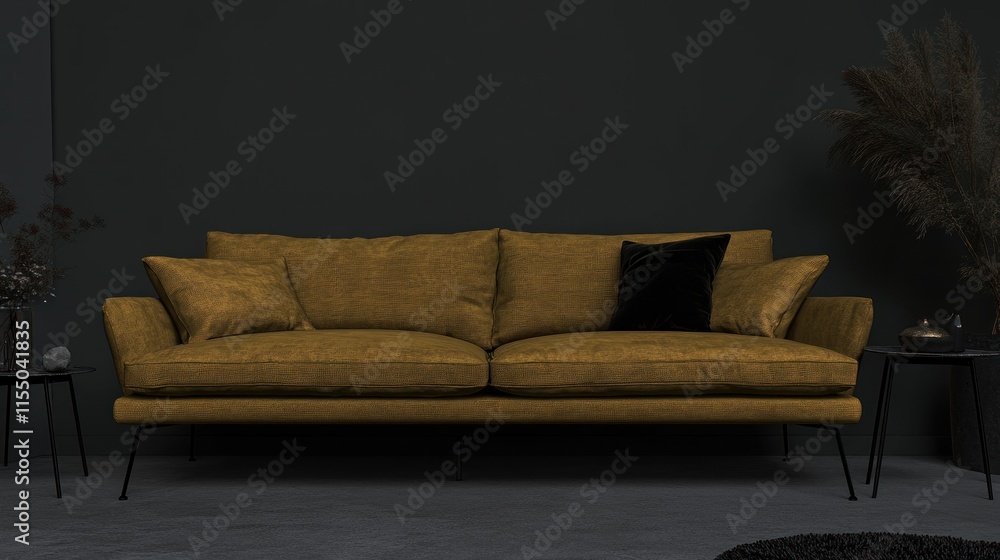 Mustard yellow sofa in dark room. Mustard yellow sofa in dark room.
