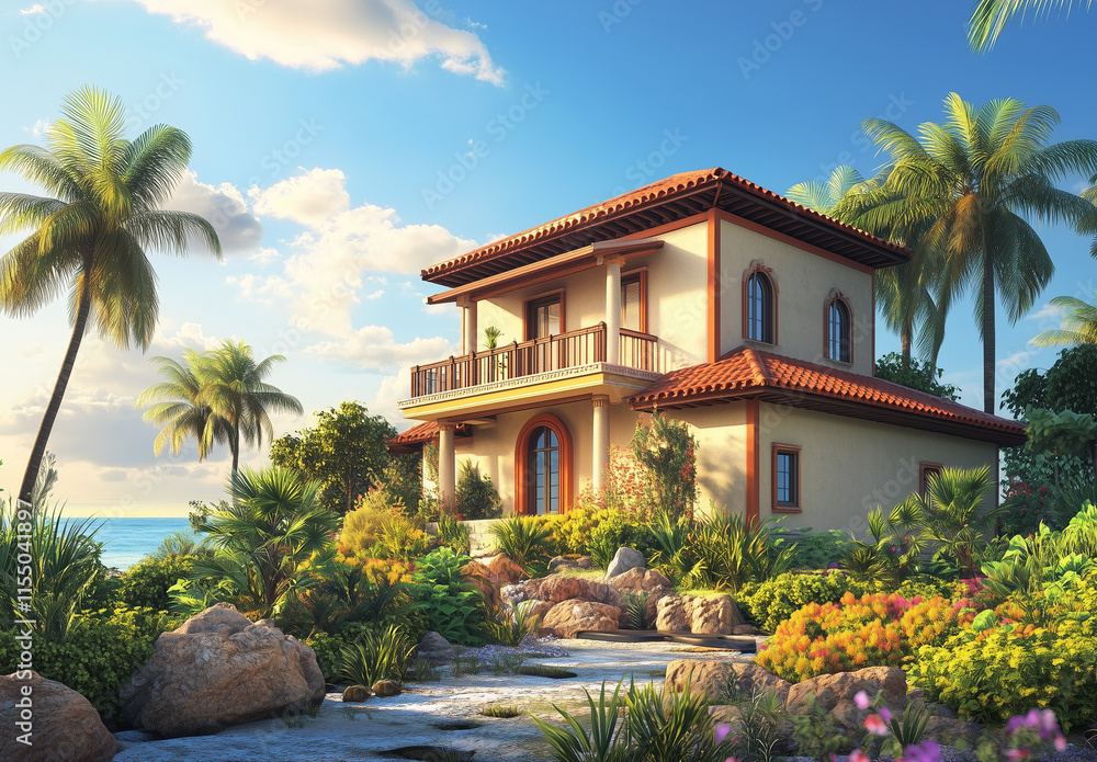 Fototapeta premium 3D rendering of a modern house with a tropical landscape. A cozy and elegant two-story building in a village near the sea, with a villa design exterior view