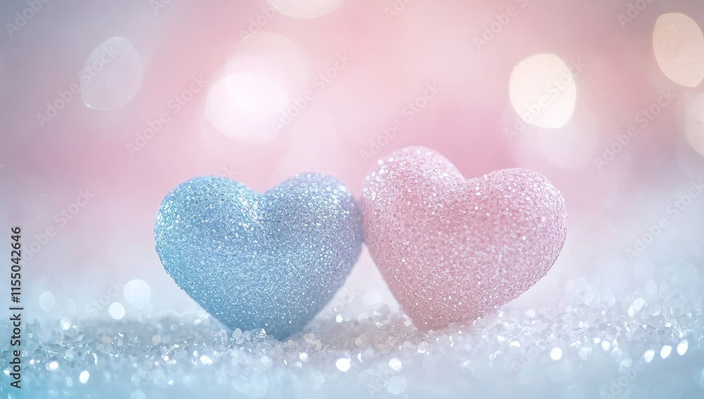 Two sparkly hearts, pink and blue, on glitter. Two sparkly hearts, pink and blue, on glitter.