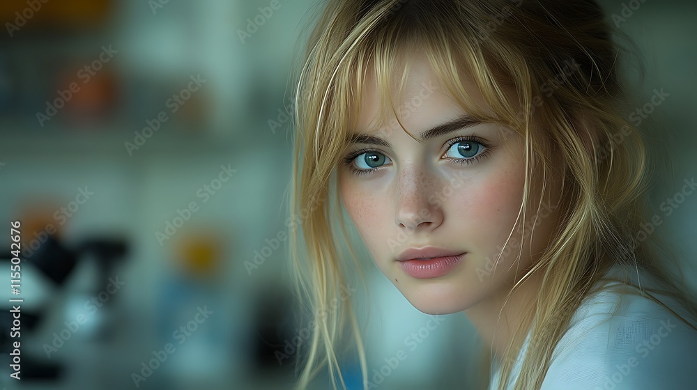 Close-up portrait of a young woman with blonde hair and blue eyes. Close-up portrait of a young woman with blonde hair and blue eyes.