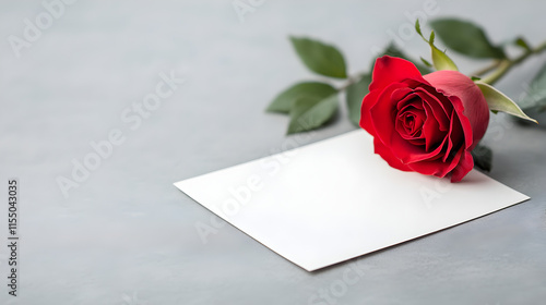 An old letter with white paper, and a red rose laying on top of vintage love letters photo