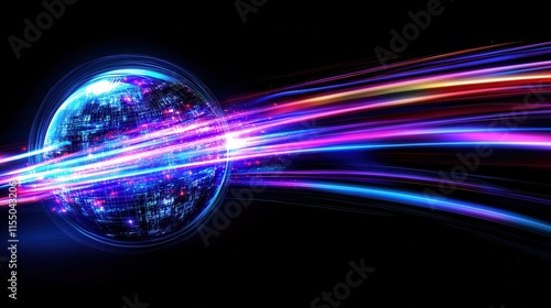 Vibrant Digital Globe with Radiant Light Trails in Dark Space