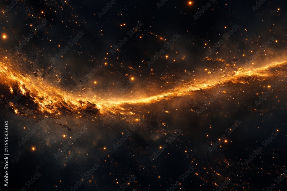 Fiery cosmic stream, nebula, orange, yellow, stars, dark space background. Fiery cosmic stream, nebula, orange, yellow, stars, dark space background.
