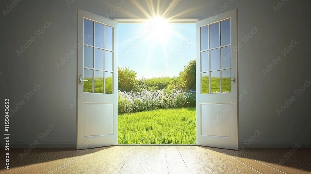 Obraz premium Open door revealing sunny garden.