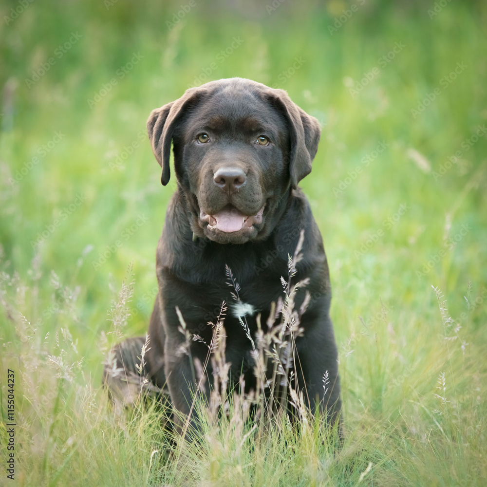 Portrait of a chocolate labrador retriever in the grass
