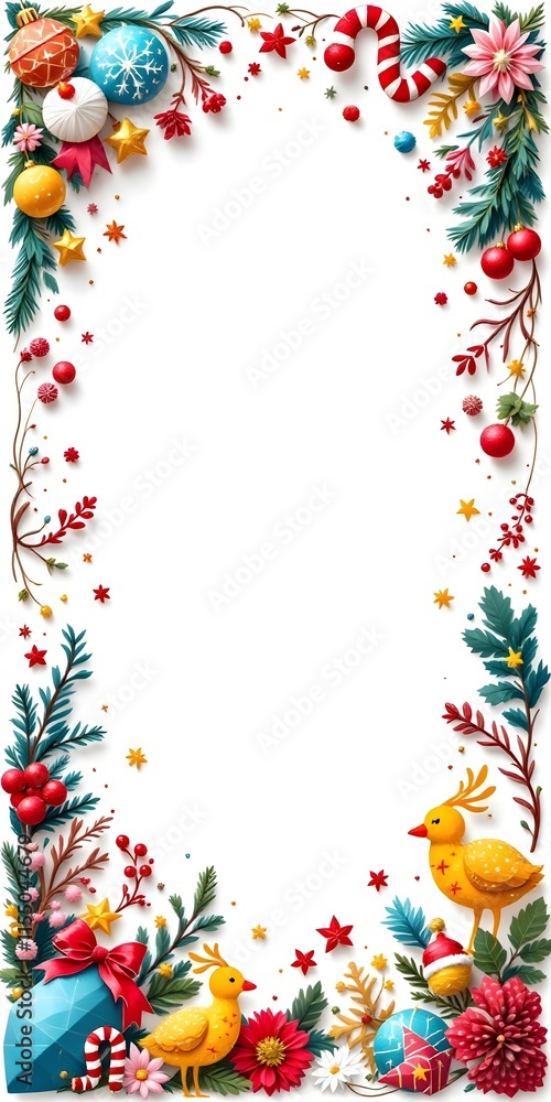 Fototapeta premium Christmas Holiday Border Frame with Festive Ornaments and Birds