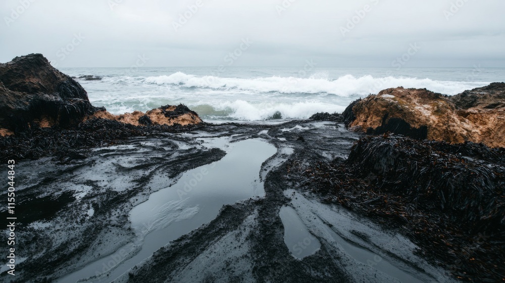 Obraz premium Ocean Waves Crashing on Rocky Shores Under Overcast Skies