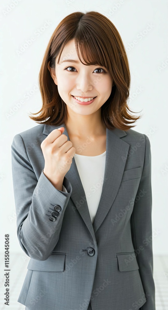 Motivated Japanese Career Woman with Long Brown Hair Celebrating Success with a Guts Pose Motivated Japanese Career Woman with Long Brown Hair Celebrating Success with a Guts Pose