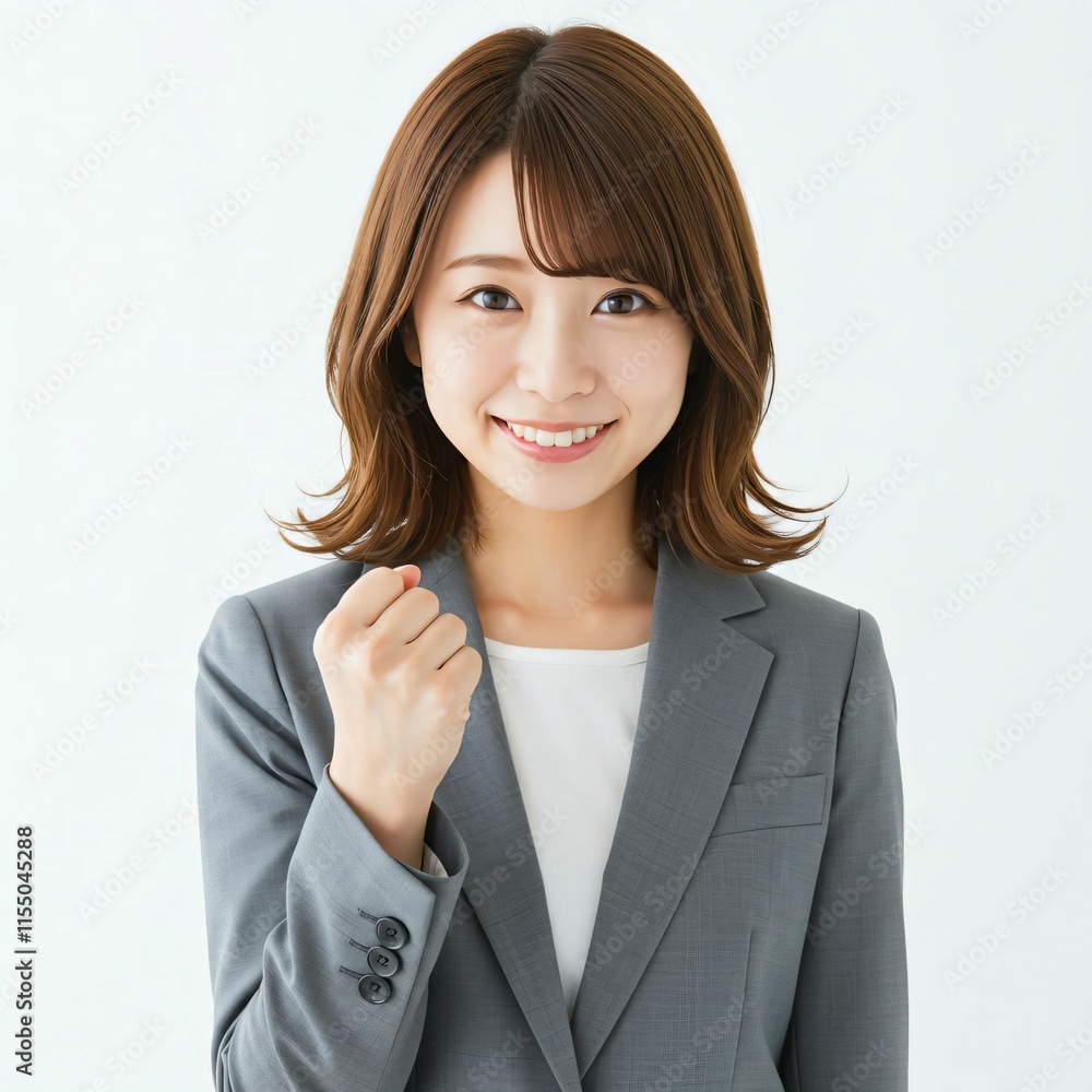 Motivated Young Japanese Businesswoman in Her 20s with a High Ponytail Making a Victory Fist Gesture Motivated Young Japanese Businesswoman in Her 20s with a High Ponytail Making a Victory Fist Gesture